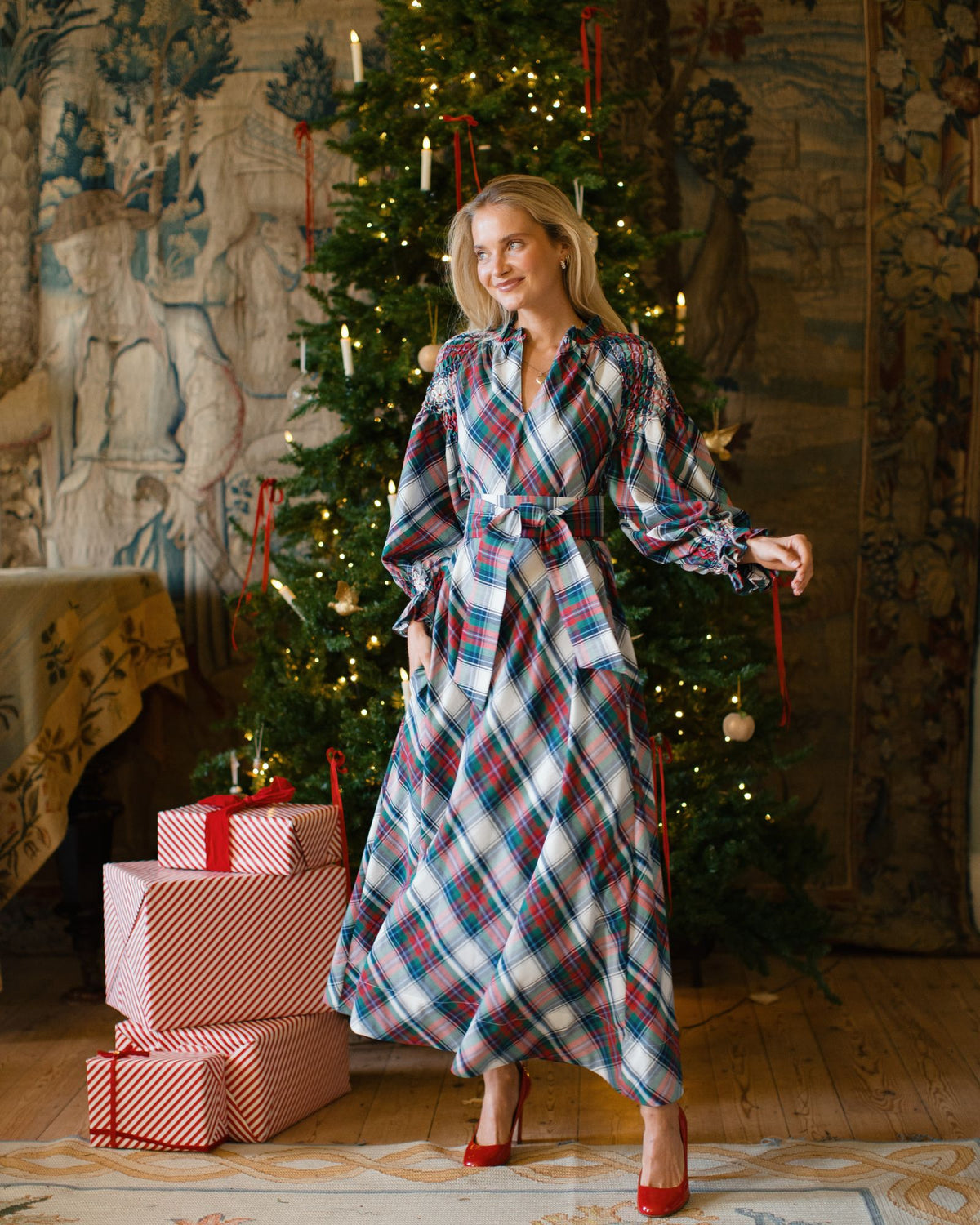 Aloha Wanderwell Dress Macbeth Tartan with Holly Berry Hand Smocking