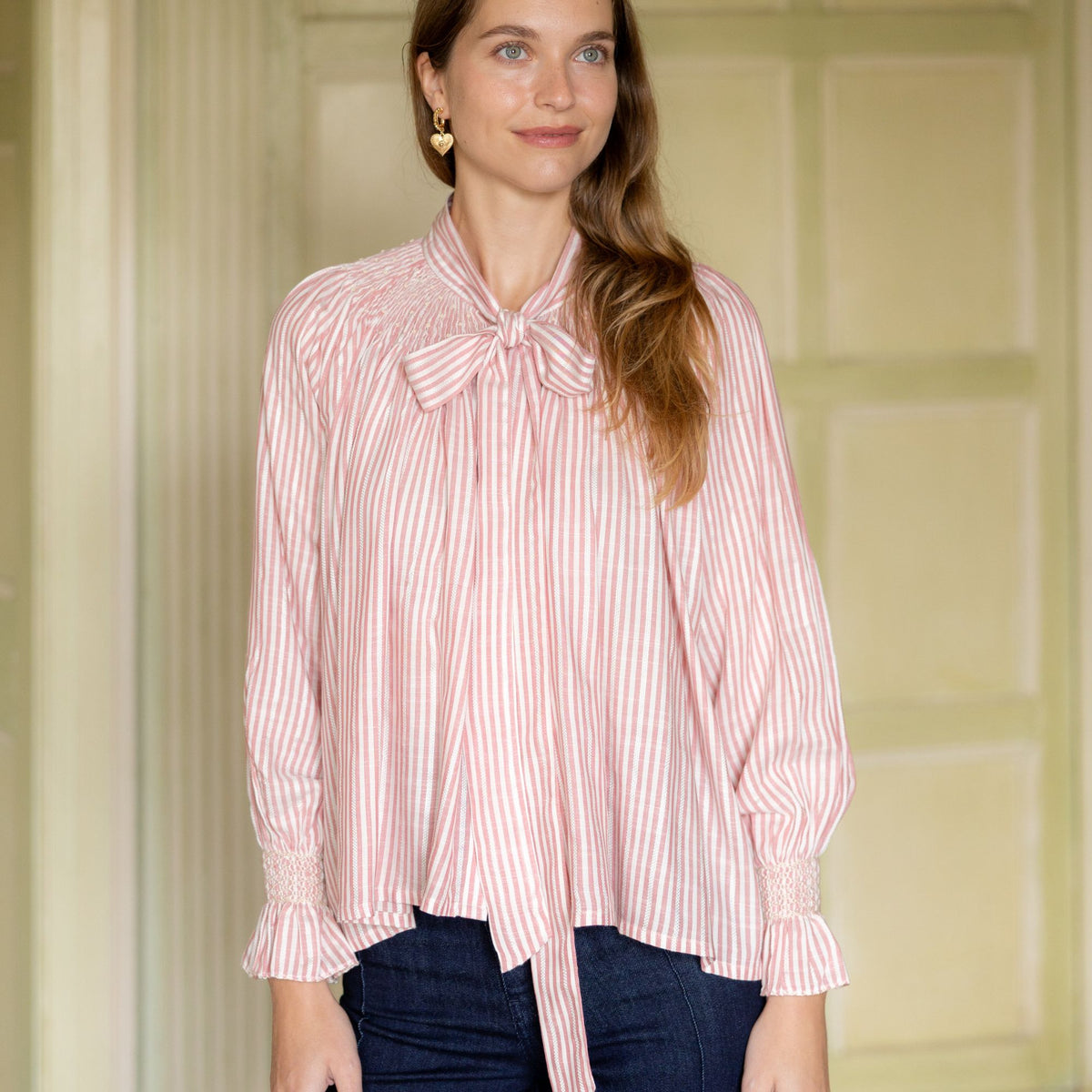 Small Burdett Coutts Pussy Bow Blouse Cinnamon Stripe Cotton Spiced Vanilla Smocking Edition 2