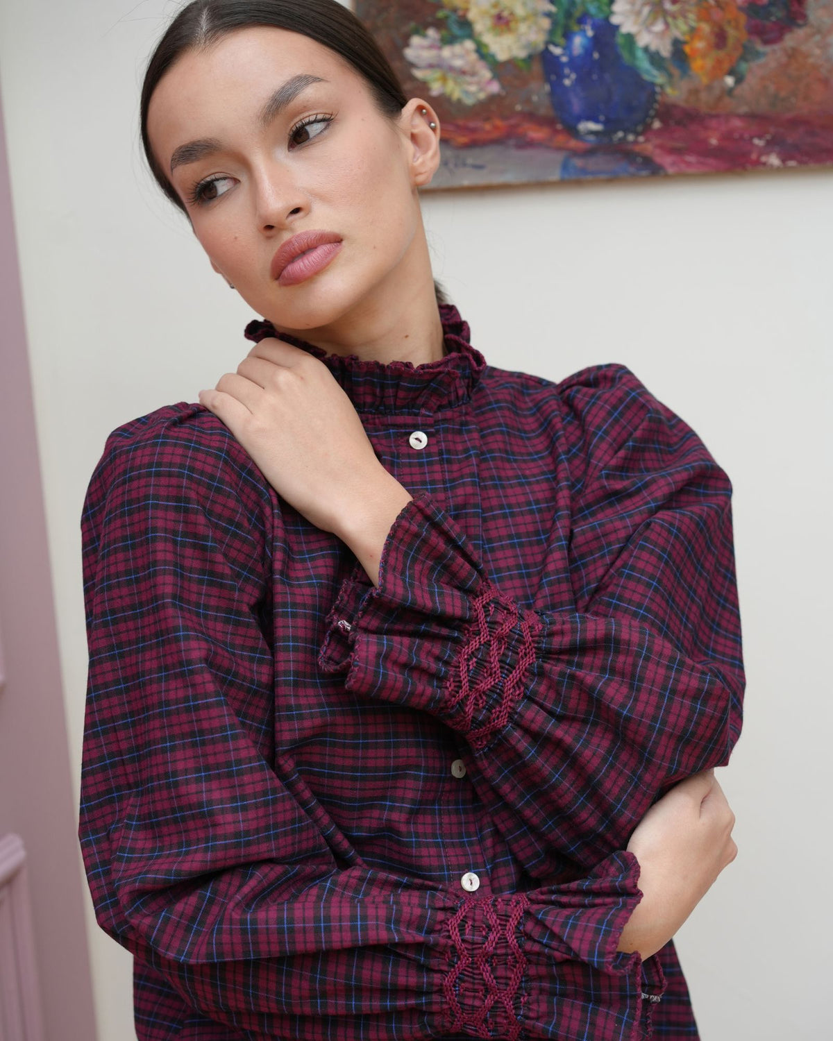 Shelley Blouse Mulberry Plaid with Merlot Hand Smocking Edition 29