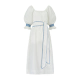 Mulan Dress Hopscotch Linen with Lapis Lazuli Hand Smocking