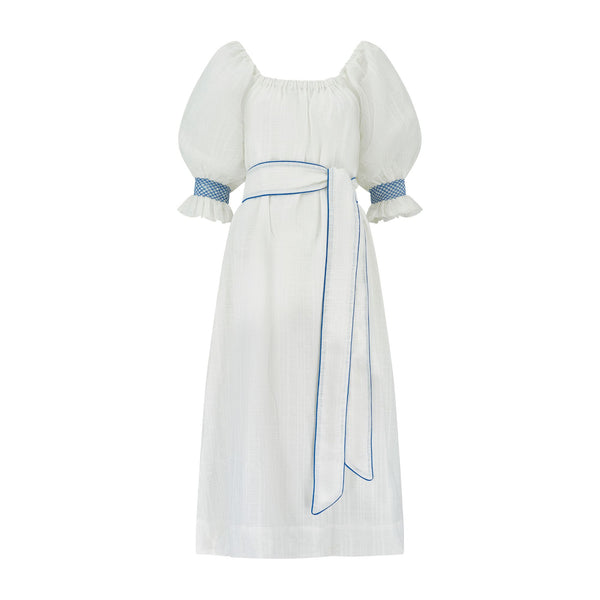 Mulan Dress Hopscotch Linen with Lapis Lazuli Hand Smocking