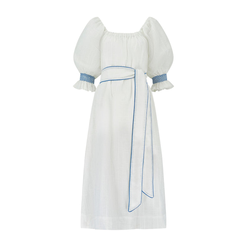 Mulan Dress Hopscotch Linen with Lapis Lazuli Hand Smocking