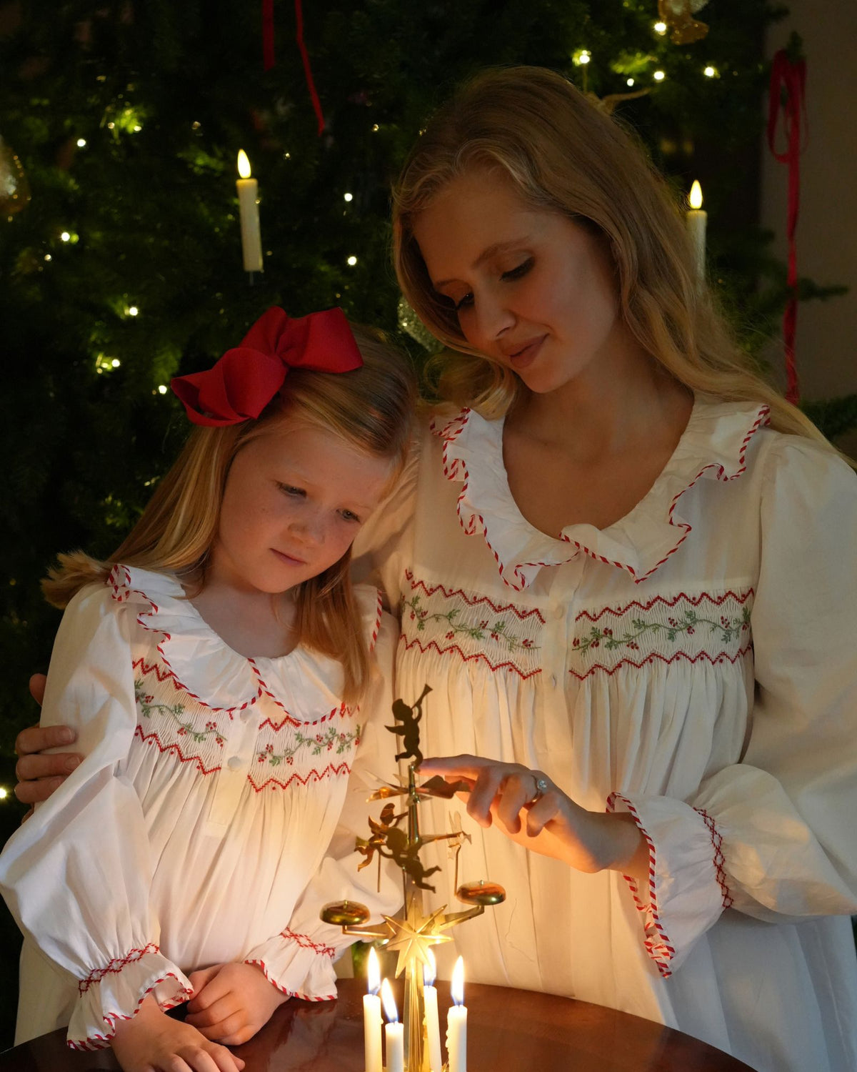 Nightingale Girl's Dress with Candy Cane Piping and Christmas Garland Hand Smocking