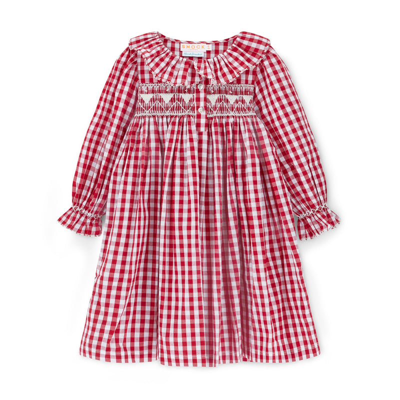 Nightingale Girl's Dress Cranberry Gingham with Snow White Hand Smocking