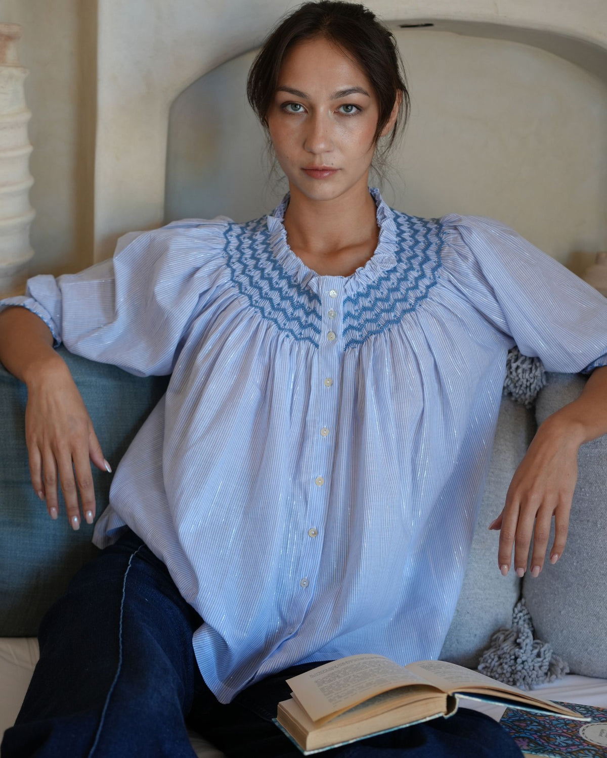 Cleopatra Blouse Silver Linings Stripe with Sapphire Hand Smocking Edition 52