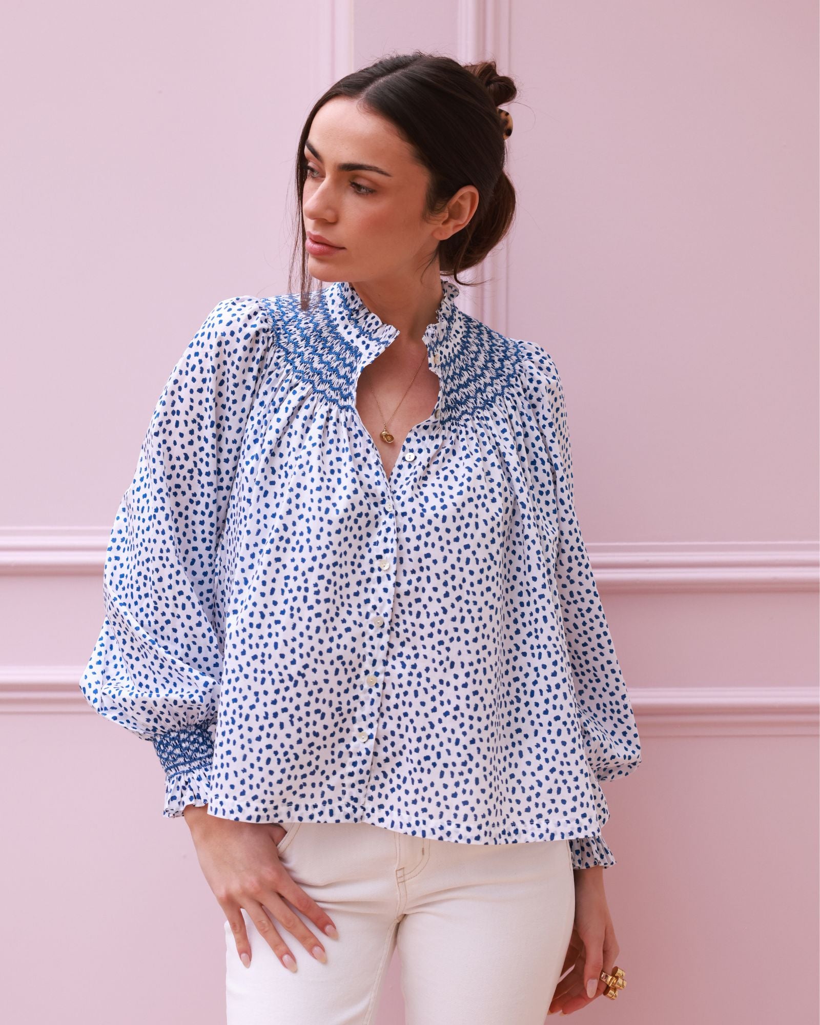 Scholl Blouse Blue Leopard with Sapphire Hand Smocking Edition 64