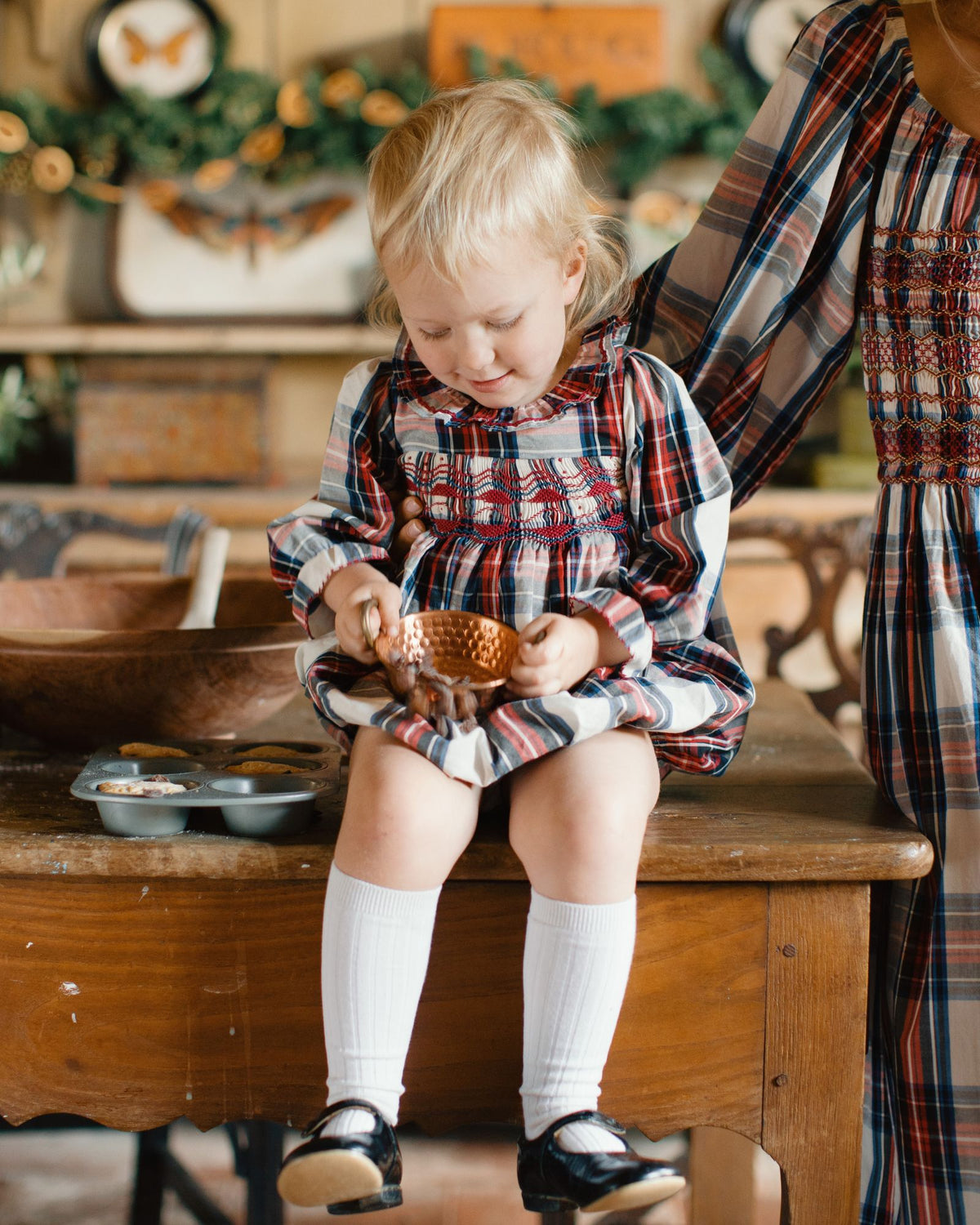 Jane Austen Romper Britannia Tartan with Winter Berry Hand Smocking