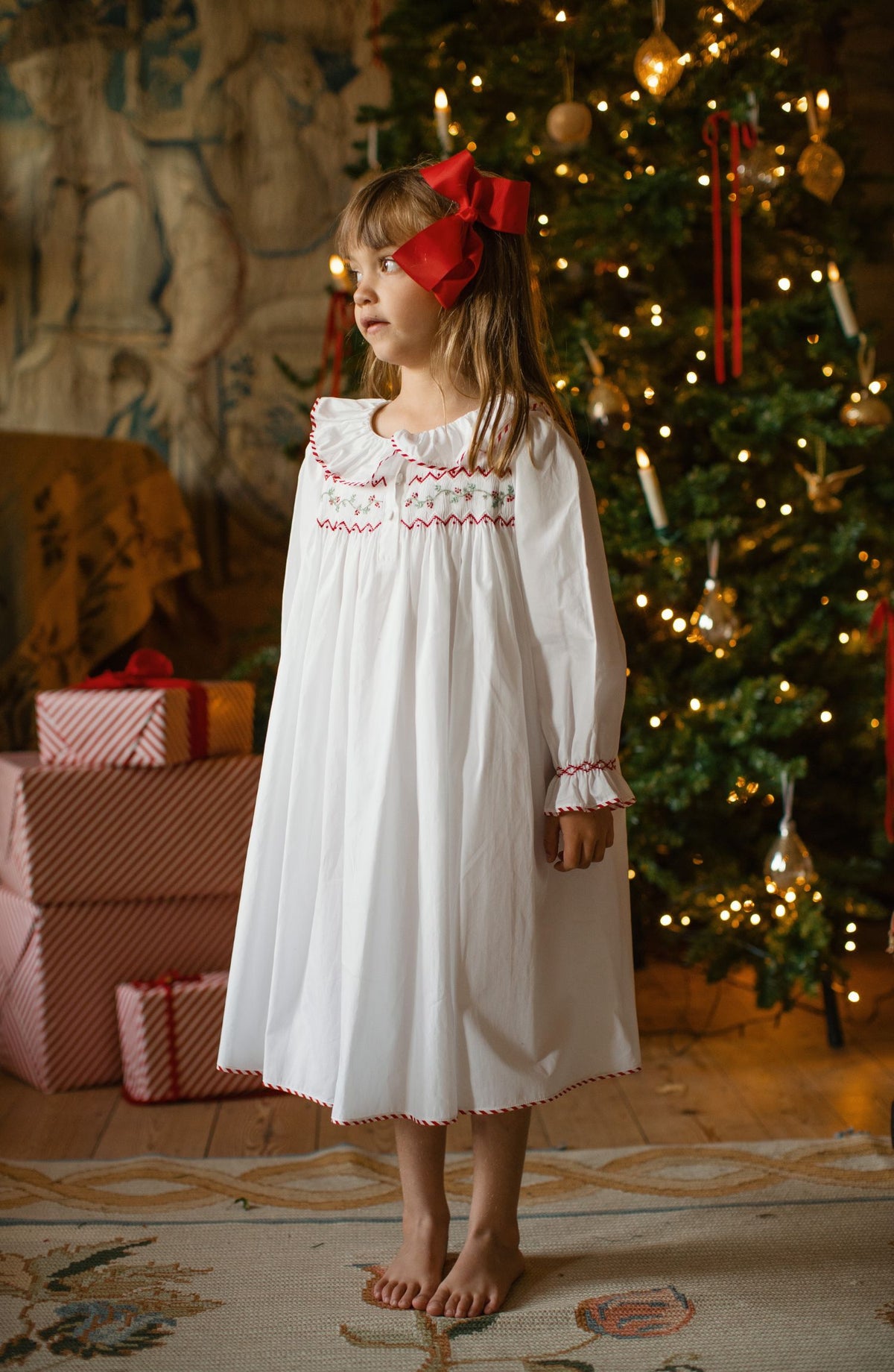 Nightingale Girl's Dress with Candy Cane Piping and Christmas Garland Hand Smocking