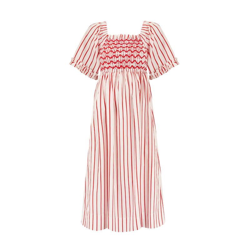 Josefine Butler Dress Aquafresh Stripe with Big Apple Hand Smocking