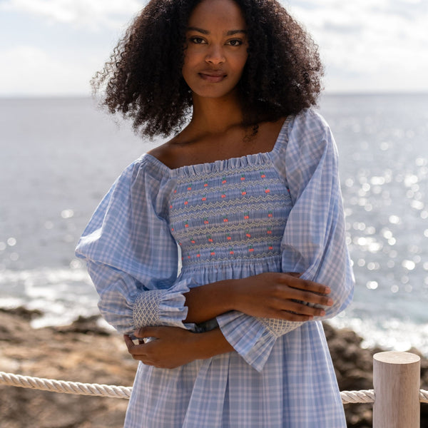 Josefine Butler Dress Seaside Check with Cherries Hand  Smocking