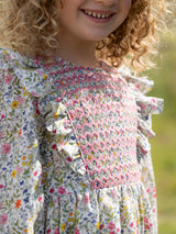 Anna Pavlova Dress Secret Garden Linen with Sweet William Hand Smocking