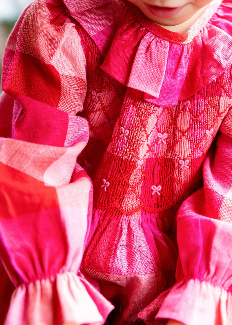Jane Austen Romper Great Gingham with Crimson Hand Smocking