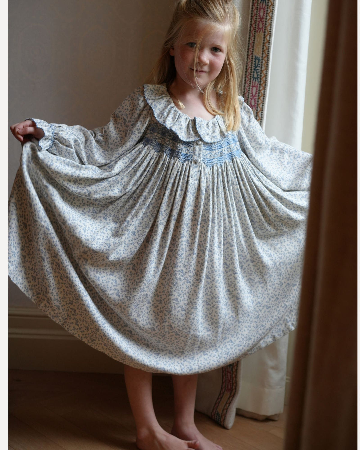 Nightingale Girl's Dress Cornflower Ditsy with Bluebell Hand Smocking