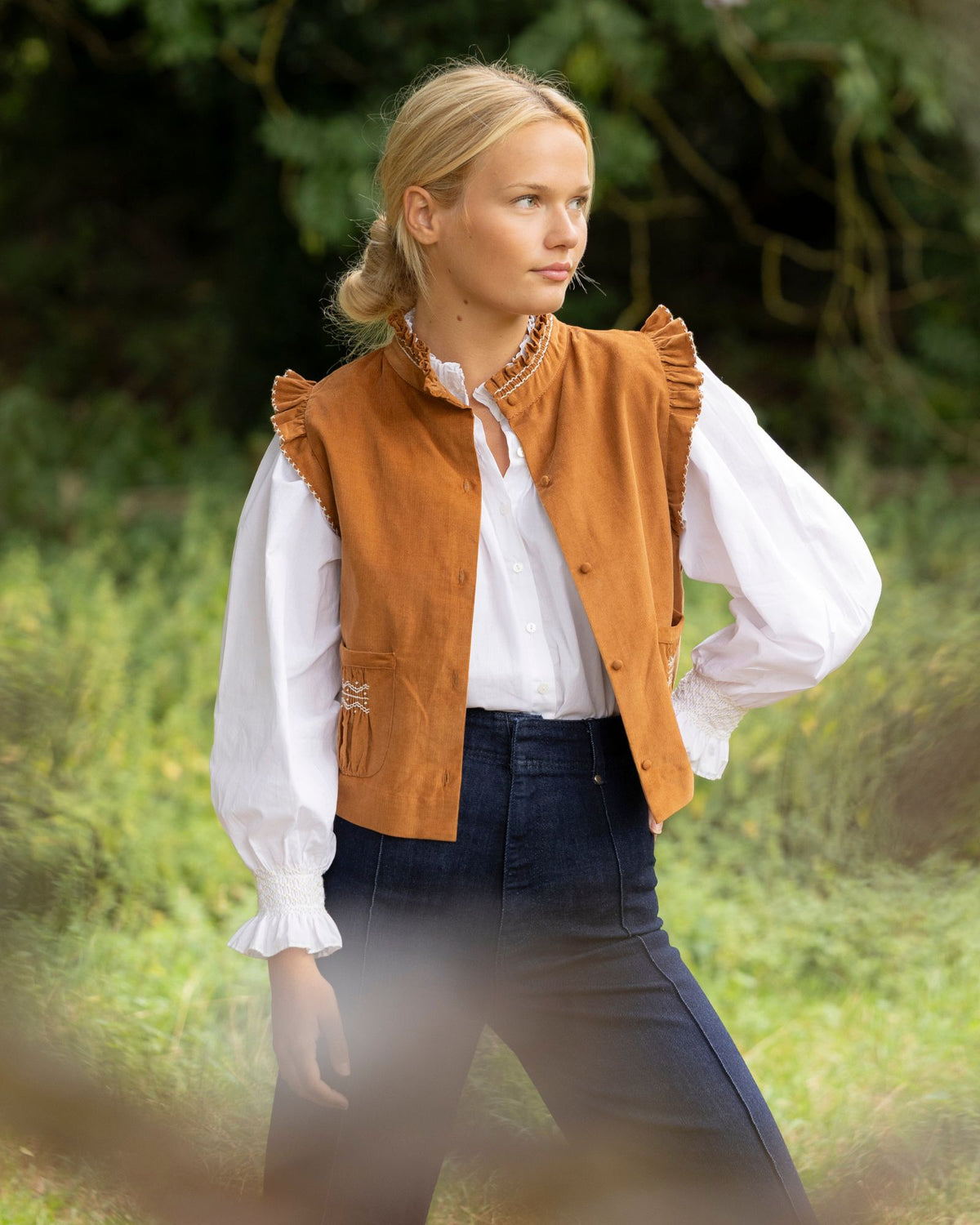 C J Walker Waistcoat Butterscotch Needlecord with Spiced Vanilla Hand Smocking Edition 5