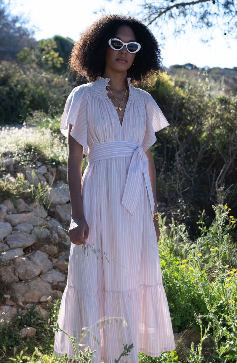 Colette Dress Parisienne Pink Stripe with Slaked Lime Hand Smocking