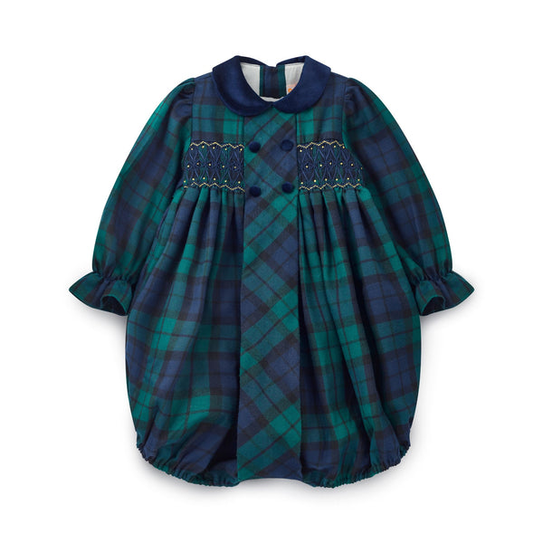 Margaret Thatcher Romper Black Watch Tartan with Golden Glimmer Hand Smocking