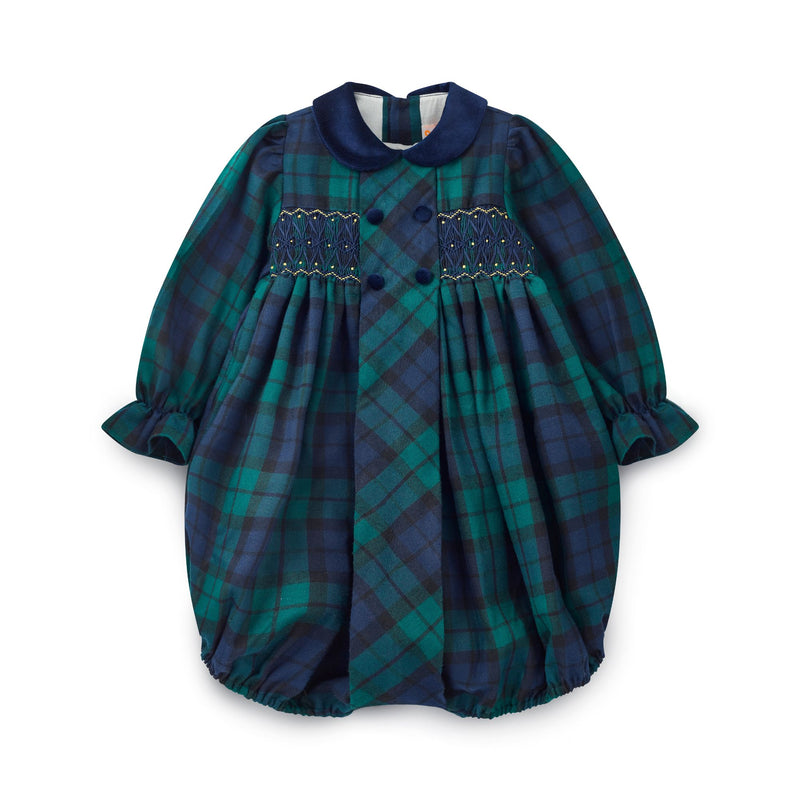 Margaret Thatcher Romper Black Watch Tartan with Golden Glimmer Hand Smocking