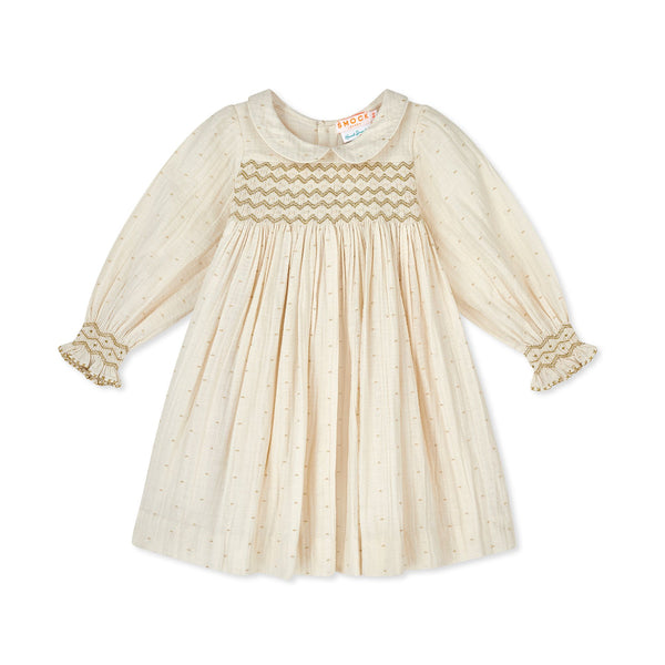 Antoinette Dress Stars In The Snow Cotton With Gold Zigzags Hand Smocking
