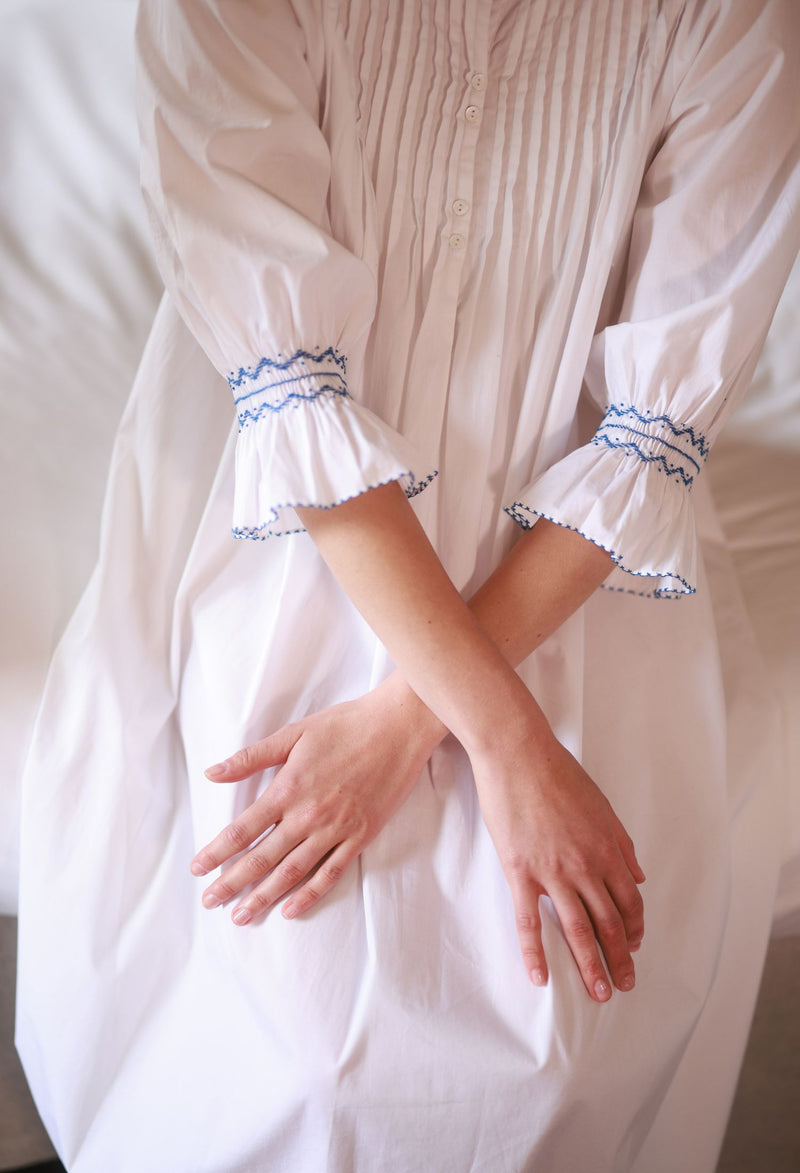 Bessie Coleman Women's Dress Moonstone Cotton with Sapphire Hand Smocking