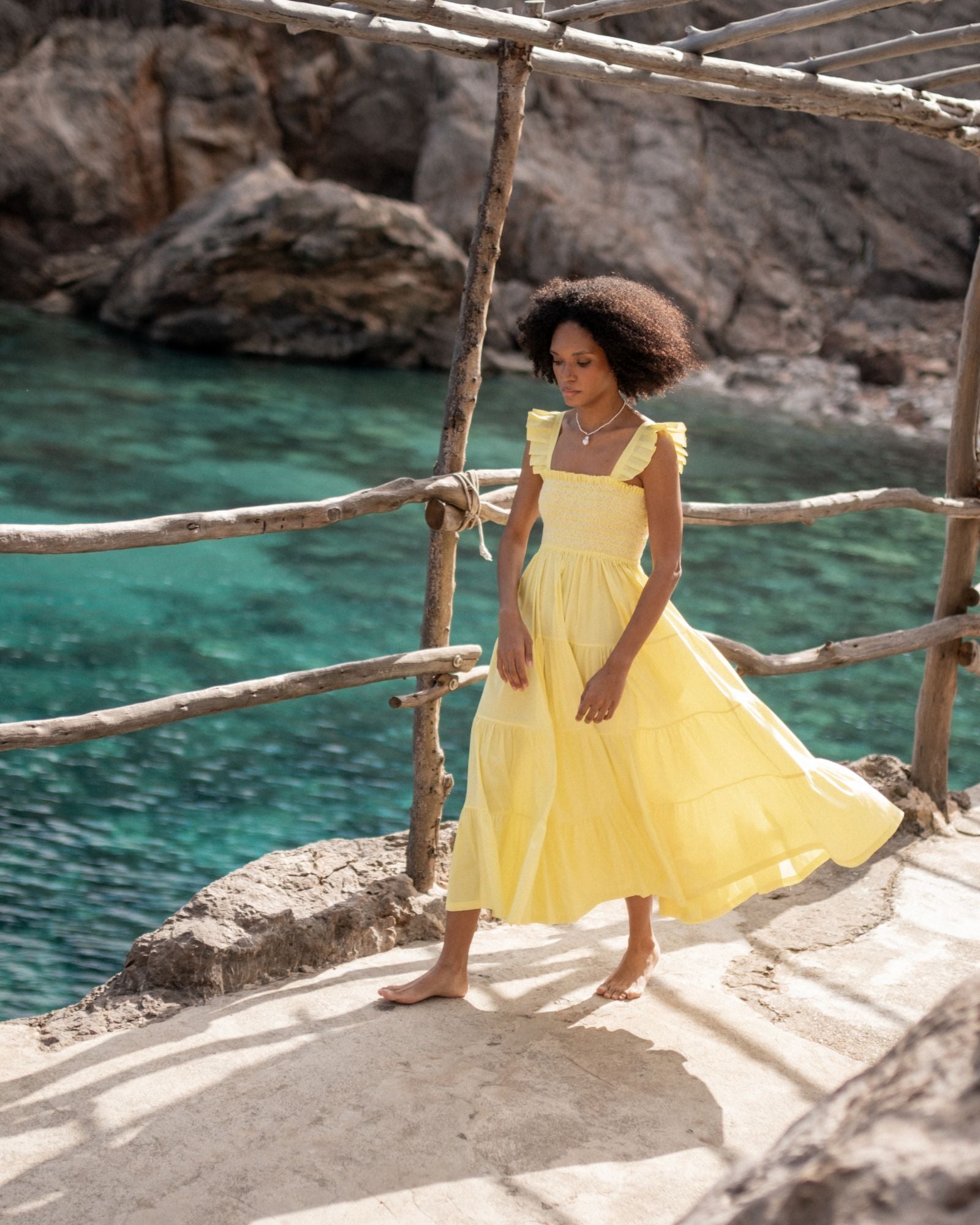 Rachel Carson Dress Lemon Cotton Lawn with Chantilly Hand Smocking