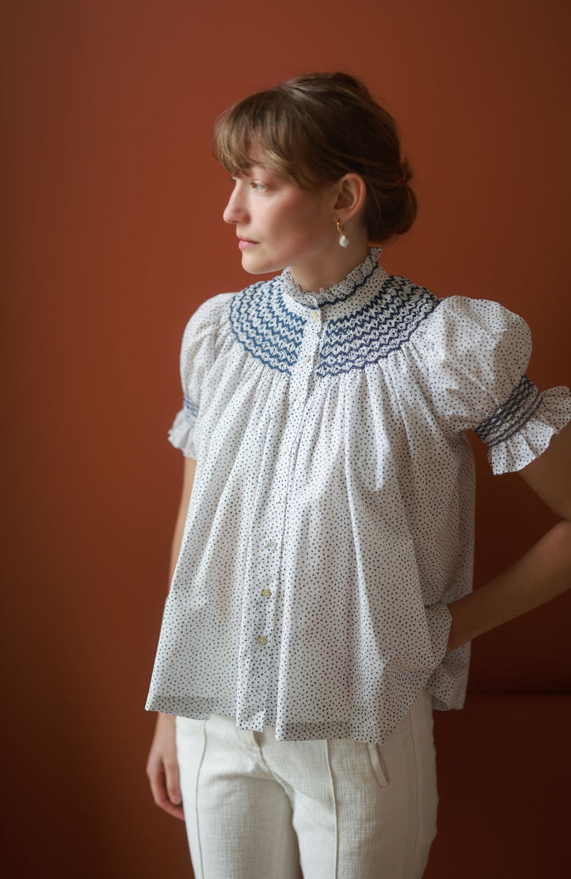 Scholl Blouse Paint Prick Linen with Navy Hand Smocking Edition 57