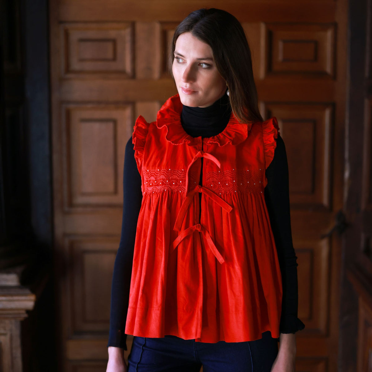 Edith Wharton Waistcoat Scarlet Needlecord with Peppermint Drop Hand Smocking Edition 3