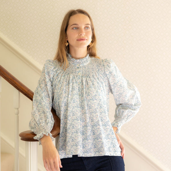 Scholl Blouse Flower Field Linen with Aqua Kiss Hand Smocking Edition 48