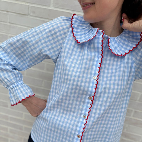De Beauvoir Blouse Baby Blue Gingham with Russian Red Embroidery