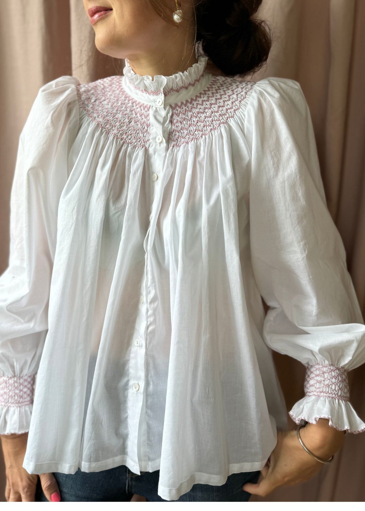 Small Scholl Women's Blouse White with Kir Royale Hand Smocking