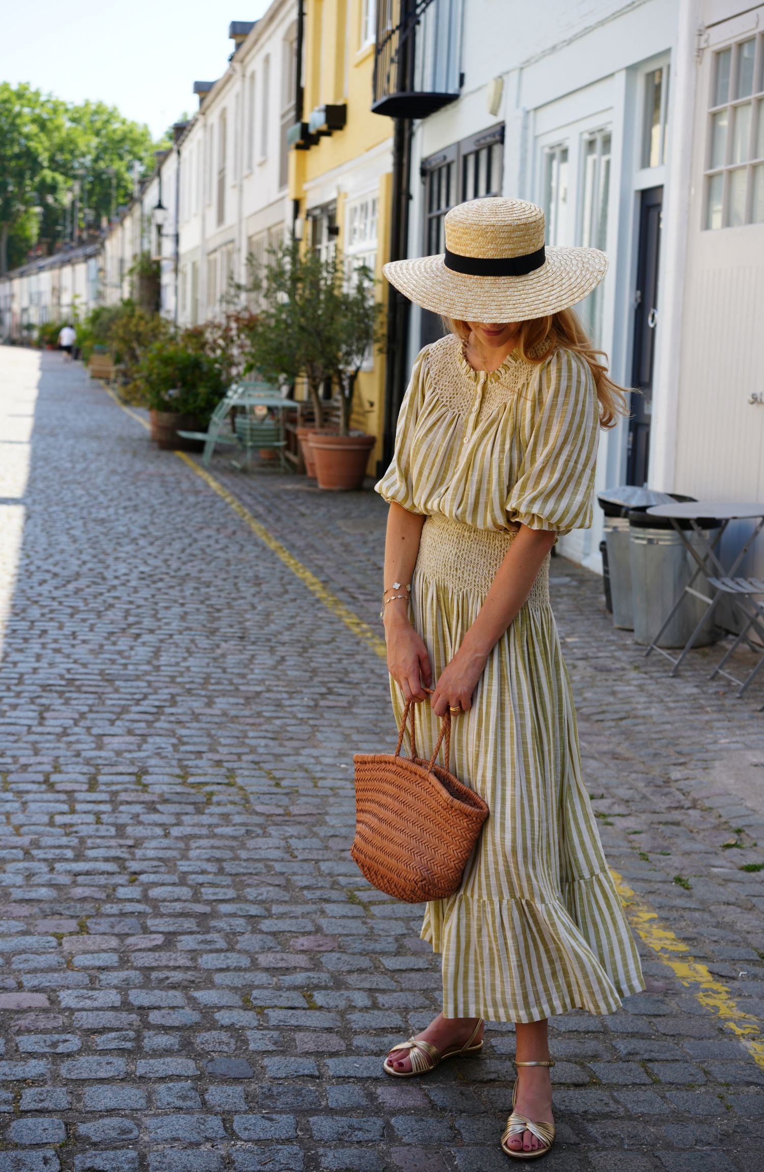 Domenica Marland x Smock London Sullivan Skirt Pistachio Stripes with Ecru Hand Smocking