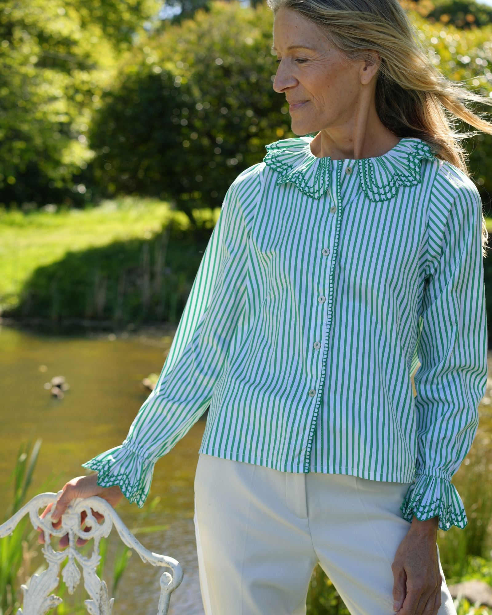 Bronte Blouse Mow the Lawn Stripe with Grass Embroidery
