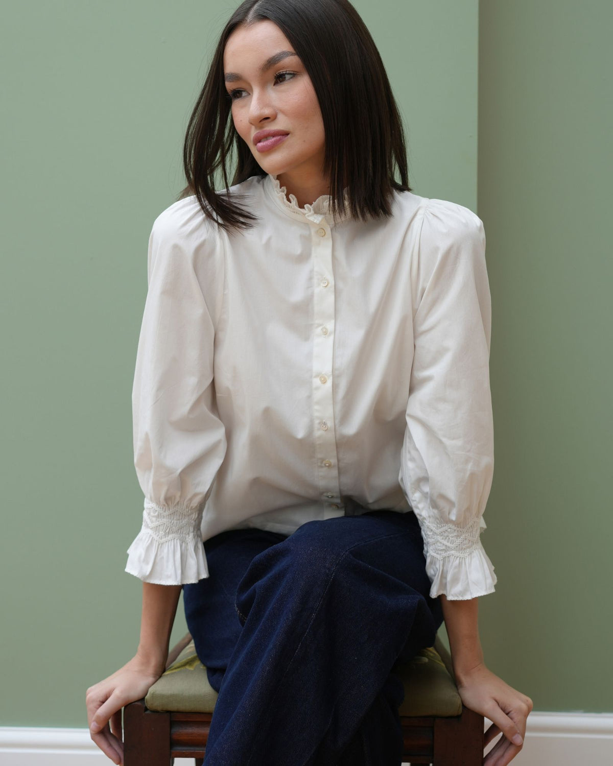 Shelley Blouse White Cotton with Ivory Hand Smocking