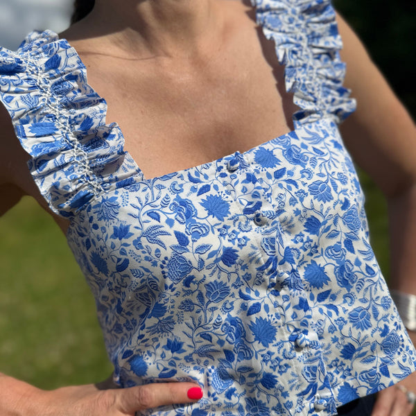 Gibson Top Rhapsody in Blue with White Hand Smocking