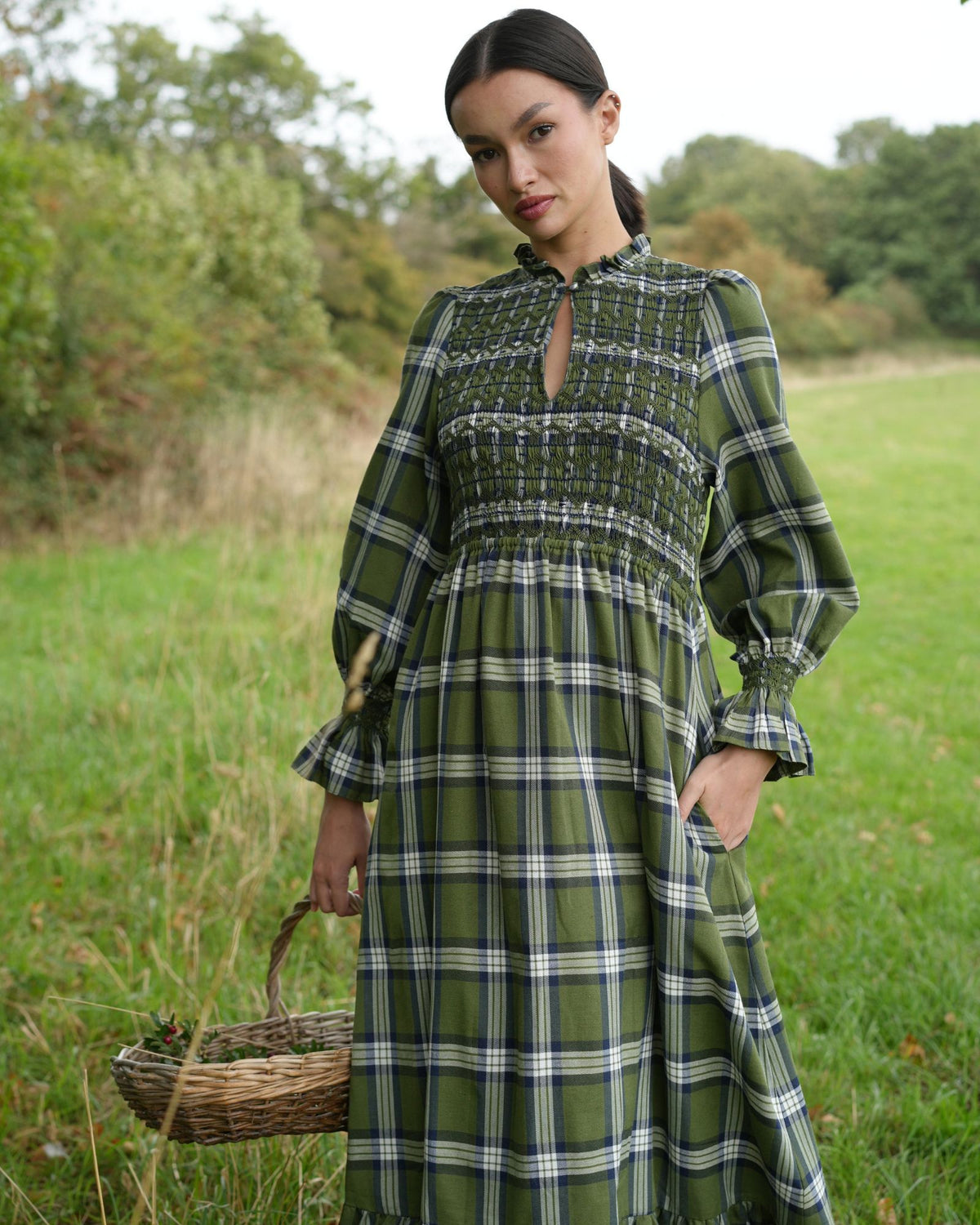 Emmeline Pankhurst Women's Dress Glen Check Tartan with Highlands and Lowlands Hand Smocking
