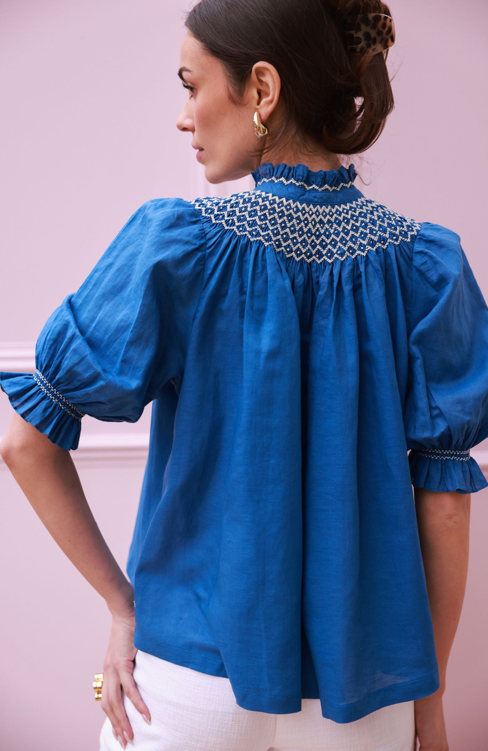 Scholl Blouse Cobalt Linen with Vanilla Hand Smocking Edition 54