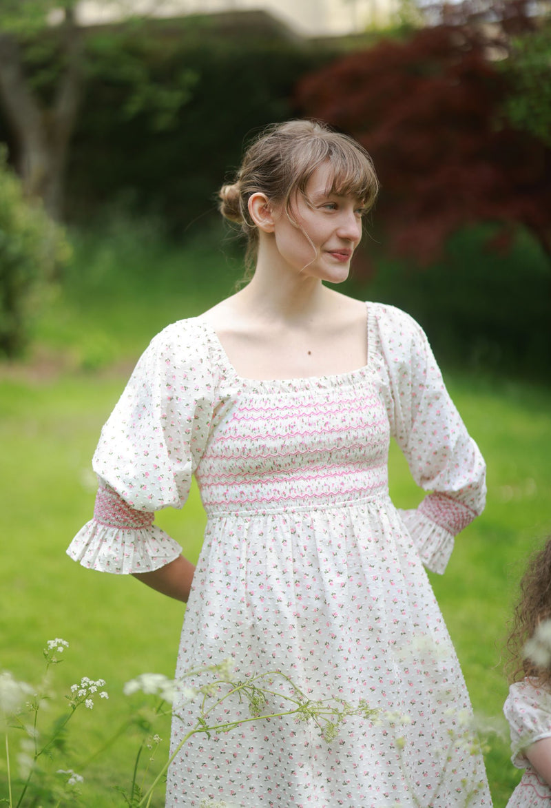 Josefine Butler Dress Rosebud Plumetti with Vintage Rose Hand Smocking