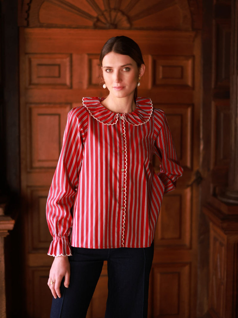 De Beauvoir Blouse Varsity Stripe with Cricket White Embroidery