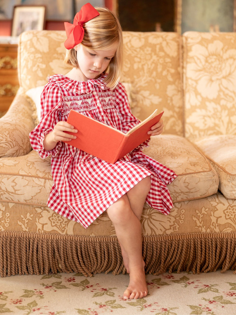 Nightingale Girl's Dress Cranberry Gingham with Snow White Hand Smocking
