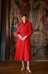 Victoria Woodhull Women's Dress Crimson Needlecord with Gold Coin Hand Smocking