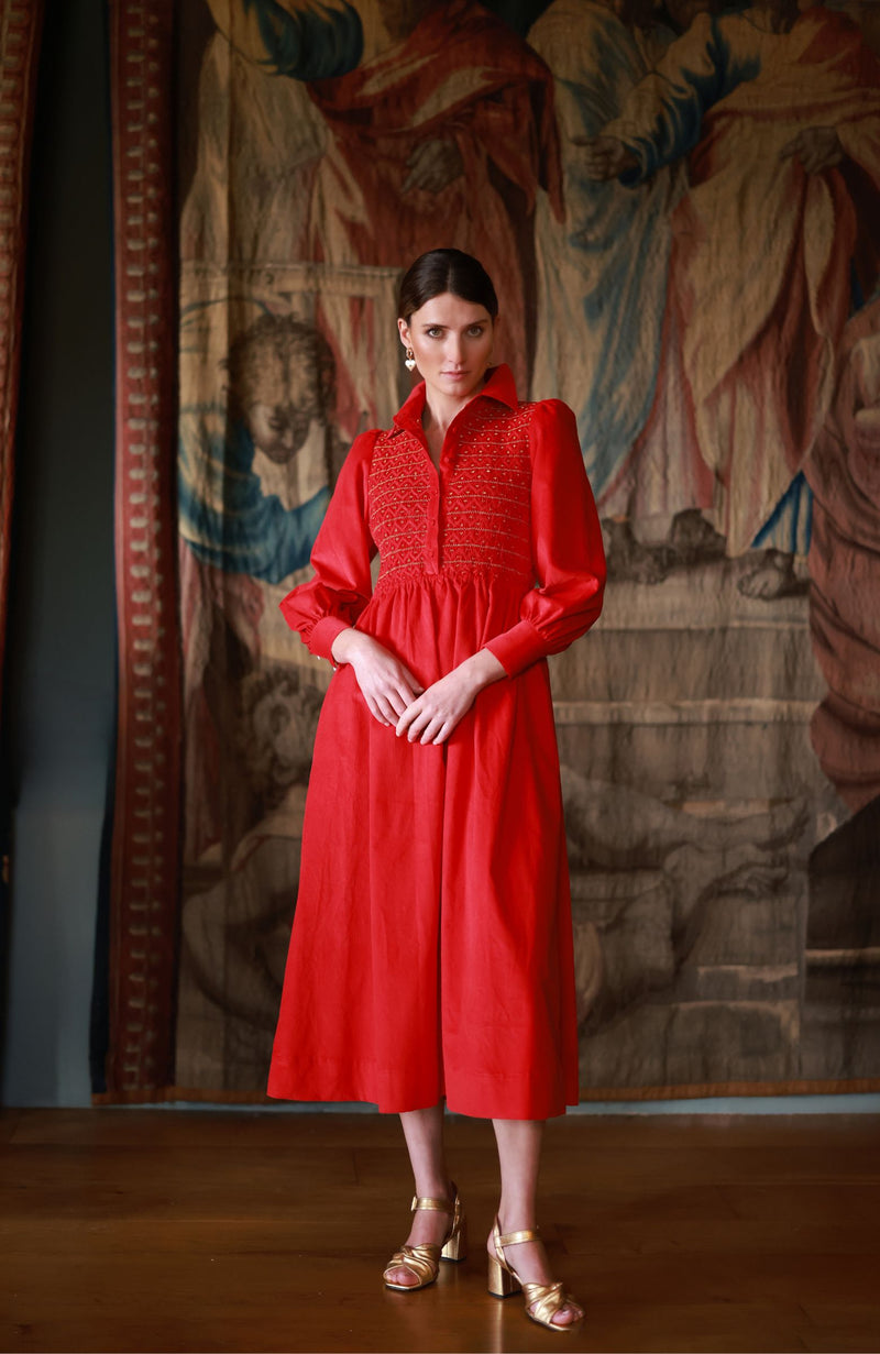 Victoria Woodhull Women's Dress Crimson Needlecord with Gold Coin Hand Smocking