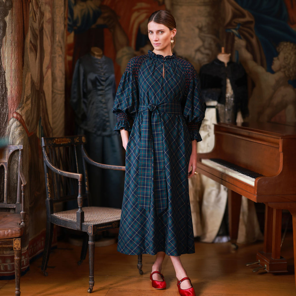 Aloha Wanderwell Dress McLaren Tartan with Cranberry Hand Smocking