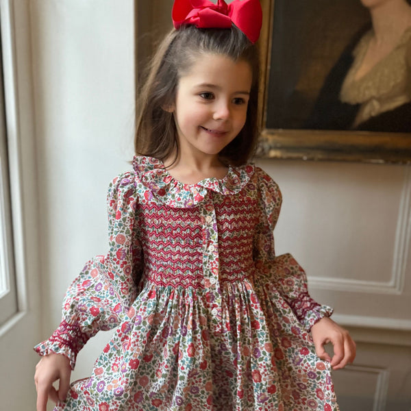 Elizabeth Blackwell Dress with Cranberry Cocktail Hand Smocking made with Liberty D'Anjo Fabric