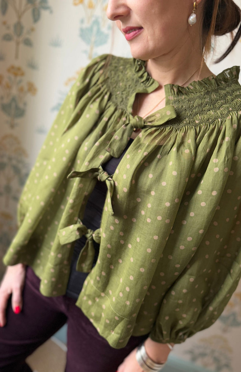 Cleopatra Jacket Woodland Spot Organdie with Hunter Green Hand Smocking Edition 3