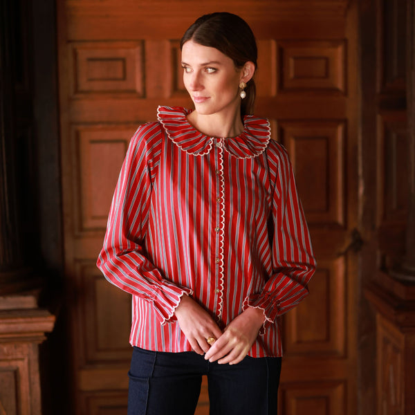 De Beauvoir Blouse Varsity Stripe with Cricket White Embroidery