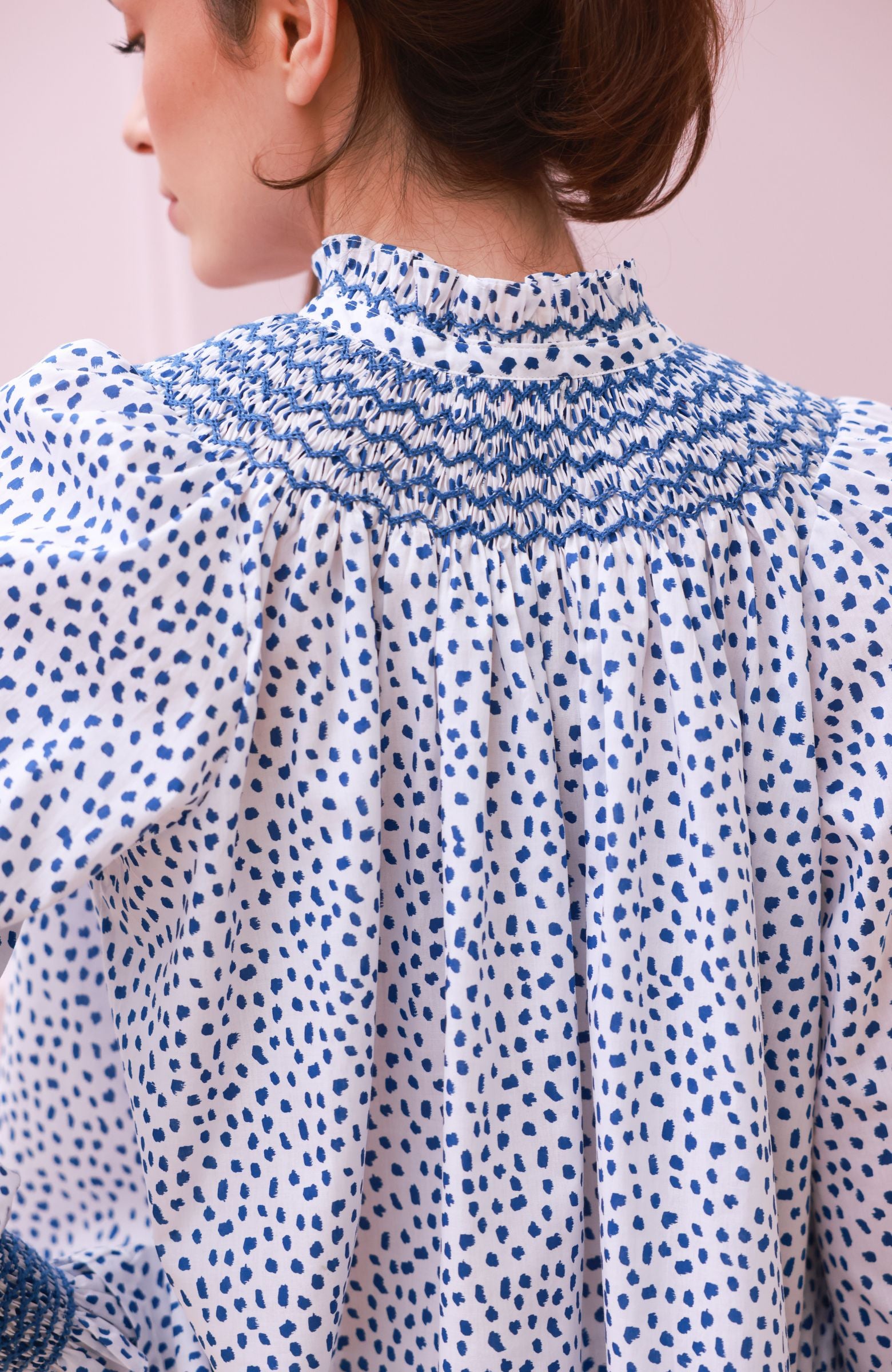 Scholl Blouse Blue Leopard with Sapphire Hand Smocking Edition 64