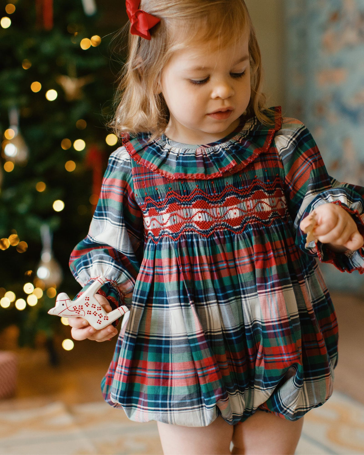Austen Romper Macbeth Tartan with Holly Berry Hand Smocking