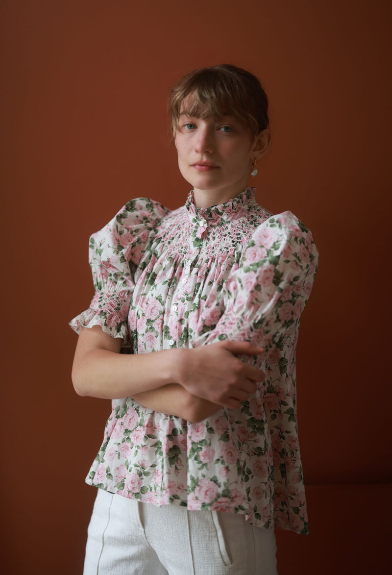 Scholl Short Sleeve Blouse with Generous Gardener Hand Smocking Made with Liberty Carmine Rose Pink Edition 41