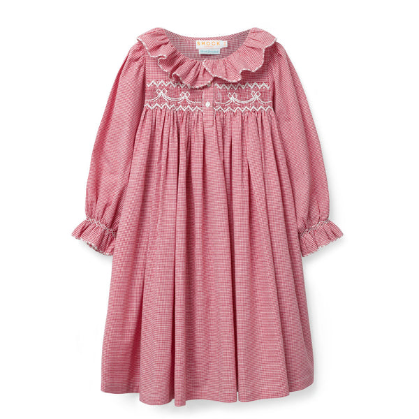 Nightingale Girl's Dress Red Vichy with Snow Bow Hand Smocking