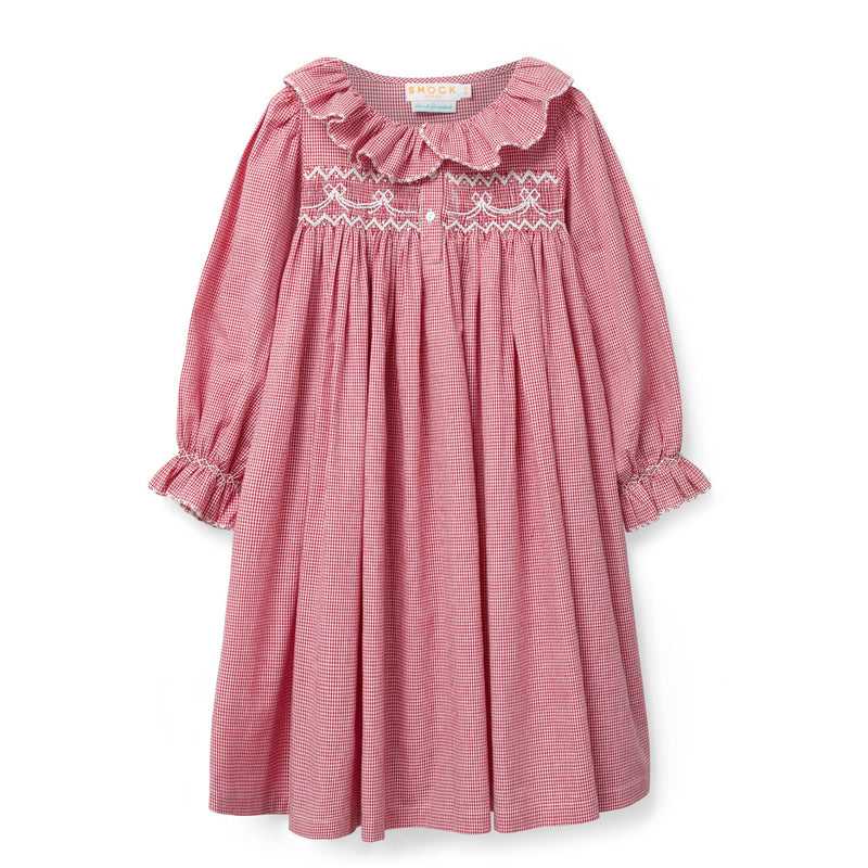 Nightingale Girl's Dress Red Vichy with Snow Bow Hand Smocking