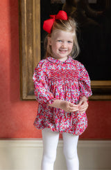 Jane Austen Romper With Crimson Hand Smocking  made with Liberty Wiltshire Fabric
